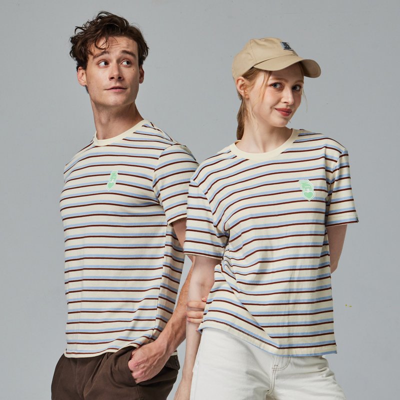 moz瑞典 驼鹿 爱心驼鹿 舒适柔棉 100%纯棉条纹短T-米色条纹 - 男装上衣/T 恤 - 棉．麻 卡其色
