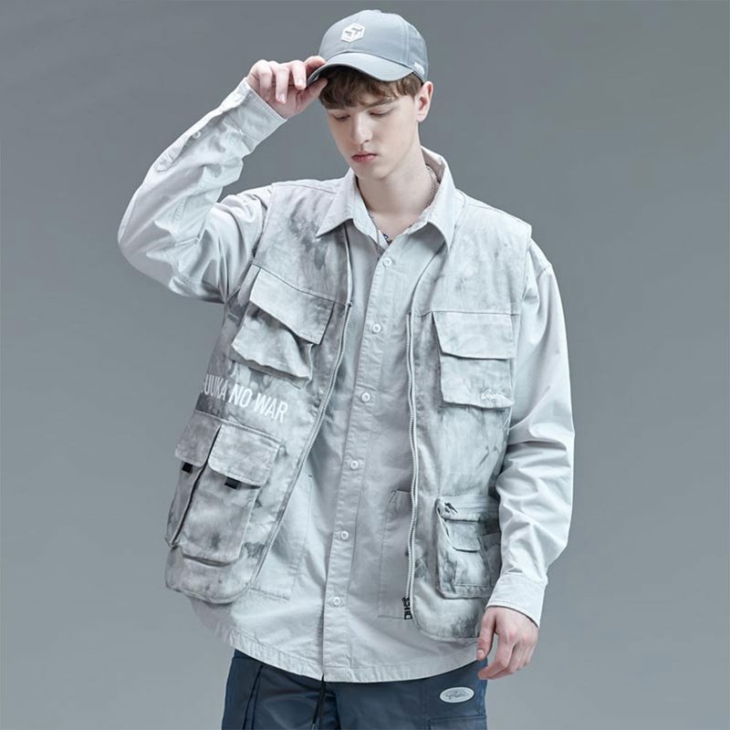 扎染灰色背心马甲多功能口袋运动工装马甲外套 - 男装外套 - 棉．麻 灰色