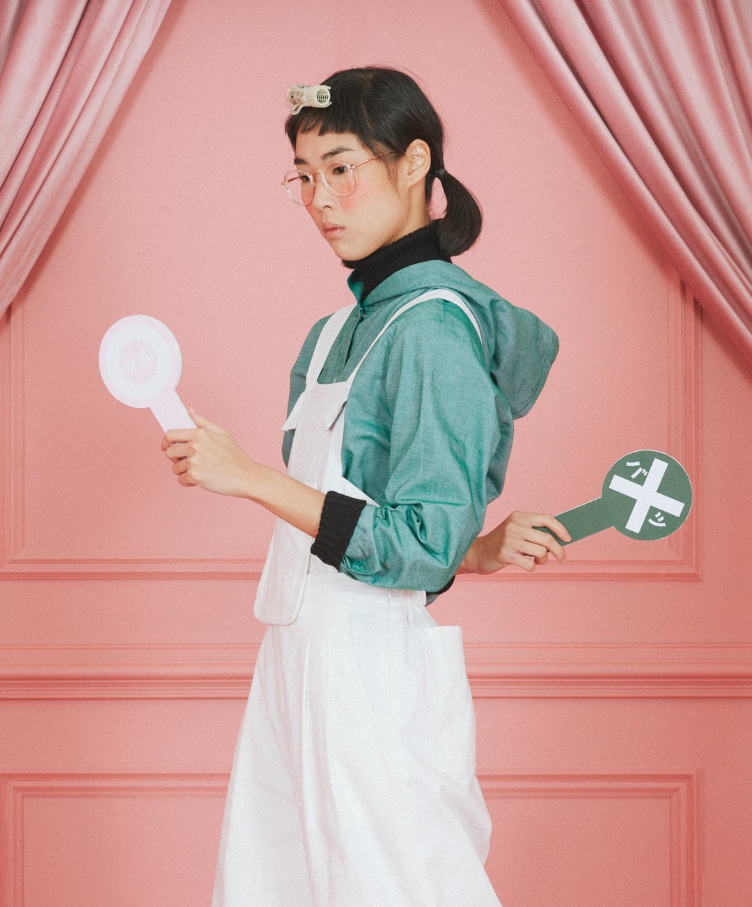 超宽松连帽衬衫 (背后附金属环) - 女装衬衫 - 棉 绿色