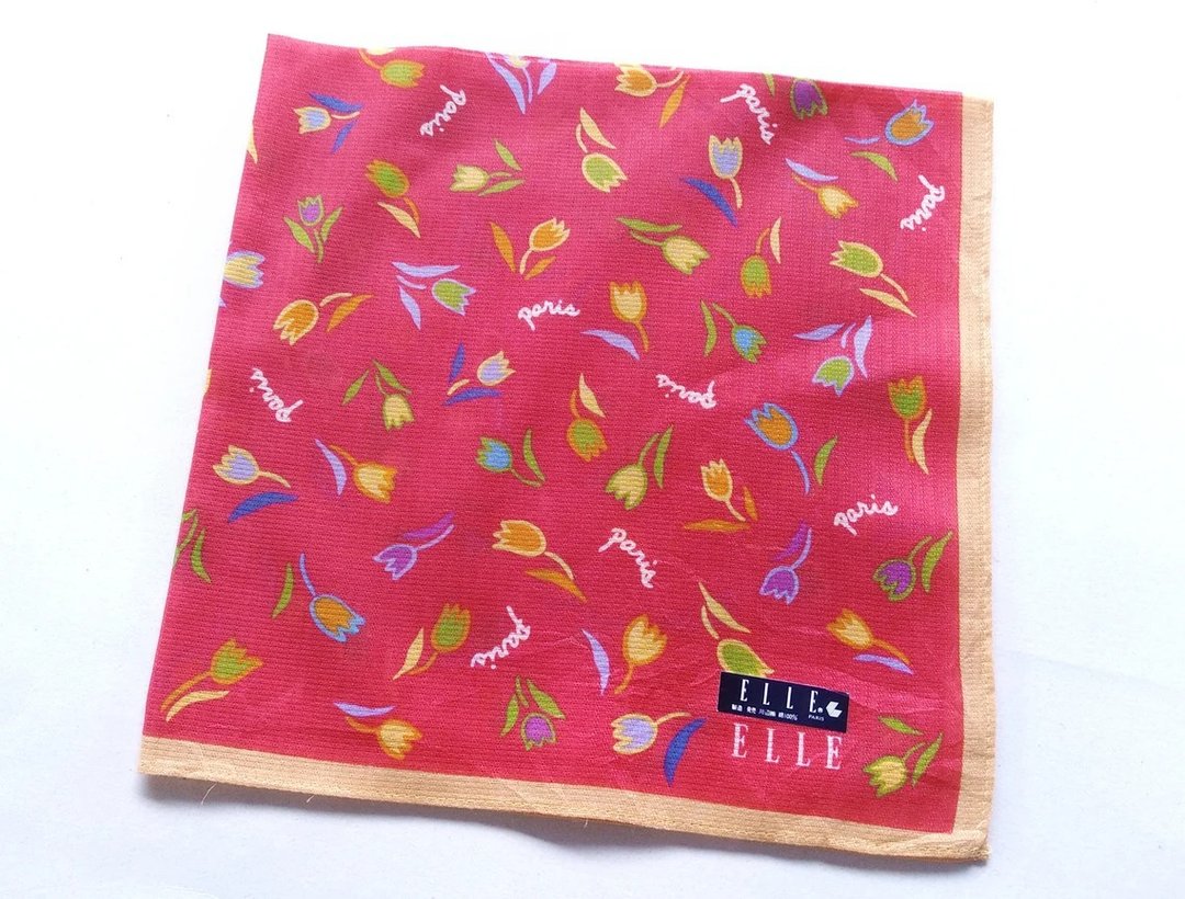 ELLE Paris Vintage Handkerchief Women Handkerchief Tulips Gift 18 x 18 inches - 手帕/方巾 - 棉 粉红色