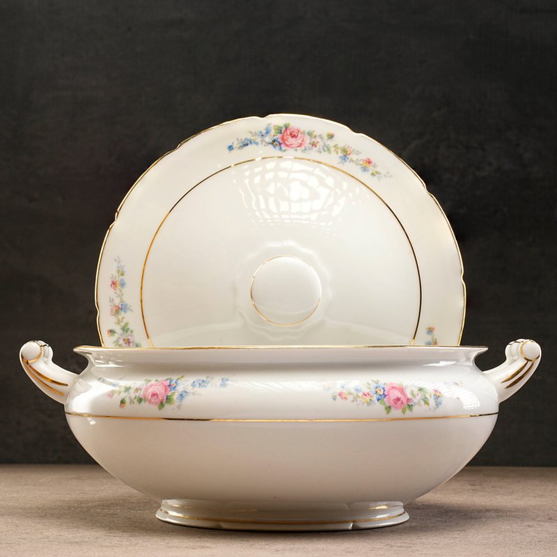 法国PN Lamotte玫瑰花丛描金双耳汤盅 - 厨房用具 - 瓷 多色