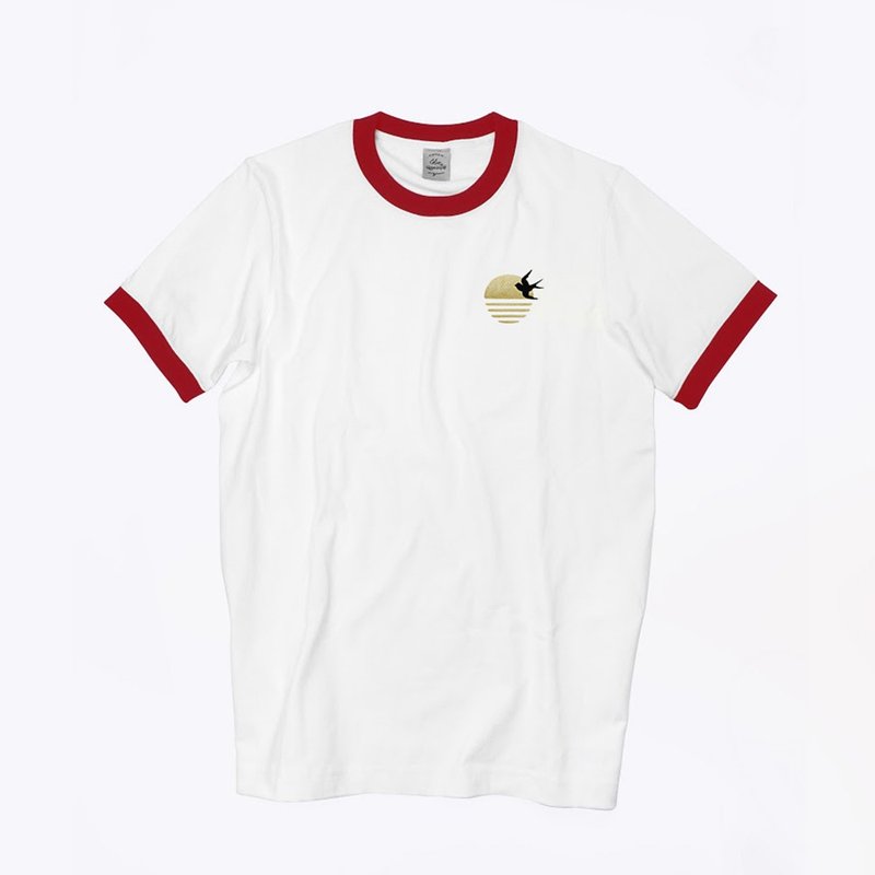 GOC Studio - 2-Tone 双色燕子日出纯棉 T 恤 - 橙红色 - 中性连帽卫衣/T 恤 - 棉．麻 