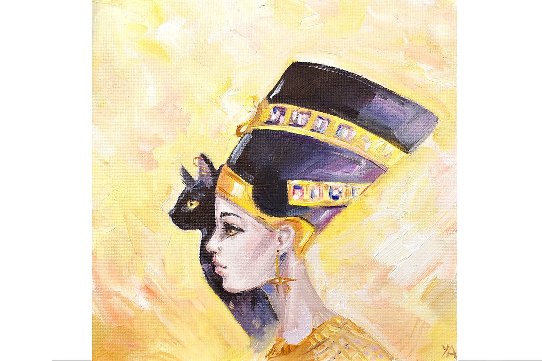 Nefertiti油画Bastet埃及猫原创艺术埃及绘画 - 墙贴/壁贴 - 其他材质 黄色
