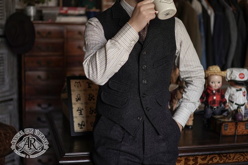 美式复古 1930s 粗花呢猎装修身绅士背心 無性別穿搭 - 男装外套 - 羊毛 黑色
