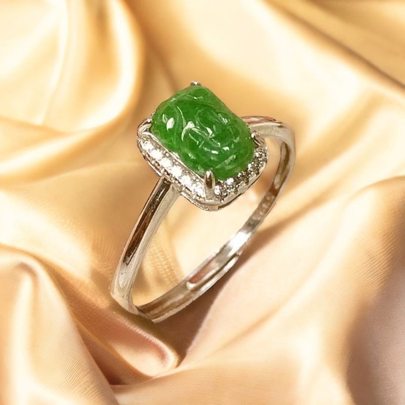 【招财神兽】冰种老坑绿翡翠貔貅戒指925银 | 天然A货翡翠 | 送礼 - 戒指 - 玉石 绿色