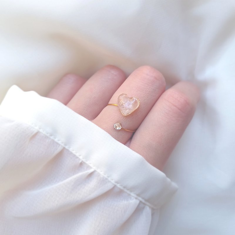 open heart ring Natural stone heart open ring NO.01 ( rose quartz free size ) - 戒指 - 石头 粉红色