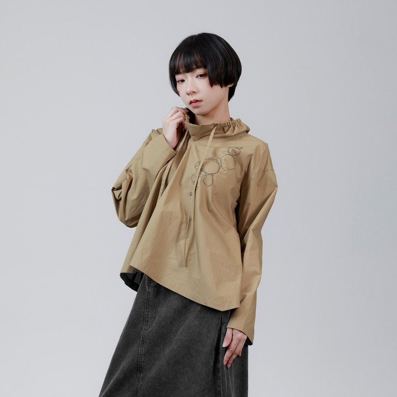 泡泡车线抽绳立领上衣 - 女装上衣 - 棉 卡其色
