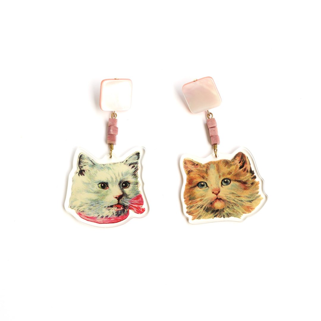 猫咪vintage复古插画亚克力印花贝壳混搭夸张耳环耳夹 - 耳环/耳夹 - 压克力 粉红色