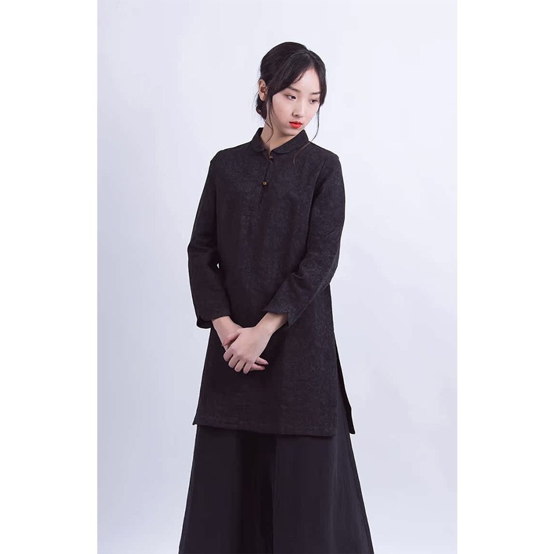 新中式黑色提花中长衬衫 - 女装衬衫 - 棉 