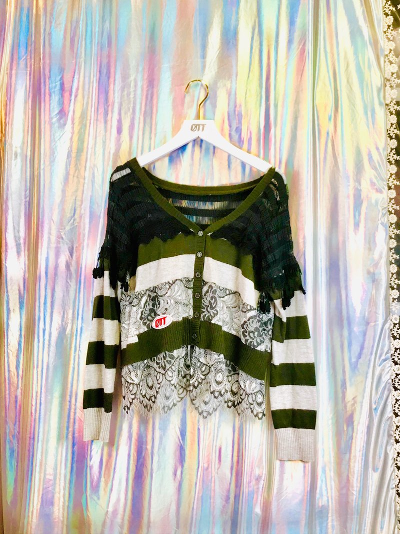 OTT独一无二•Unique 军绿蕾丝条纹开胸毛衣Military Cardigan - 女装针织衫/毛衣 - 其他材质 绿色