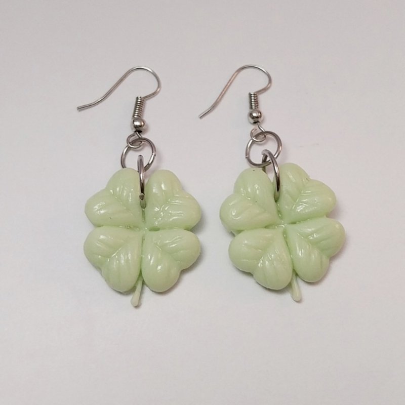手工制作 绿色 四叶草 耳环 - 耳环/耳夹 - 粘土 绿色