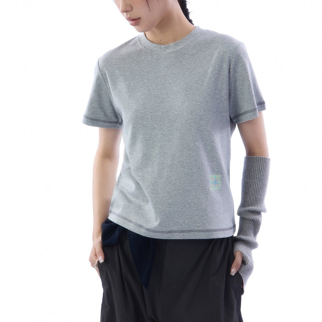 撞色哈苏线圆领正肩纯棉短袖T恤短款合身印花女装TEE - 女装 T 恤 - 棉 灰色