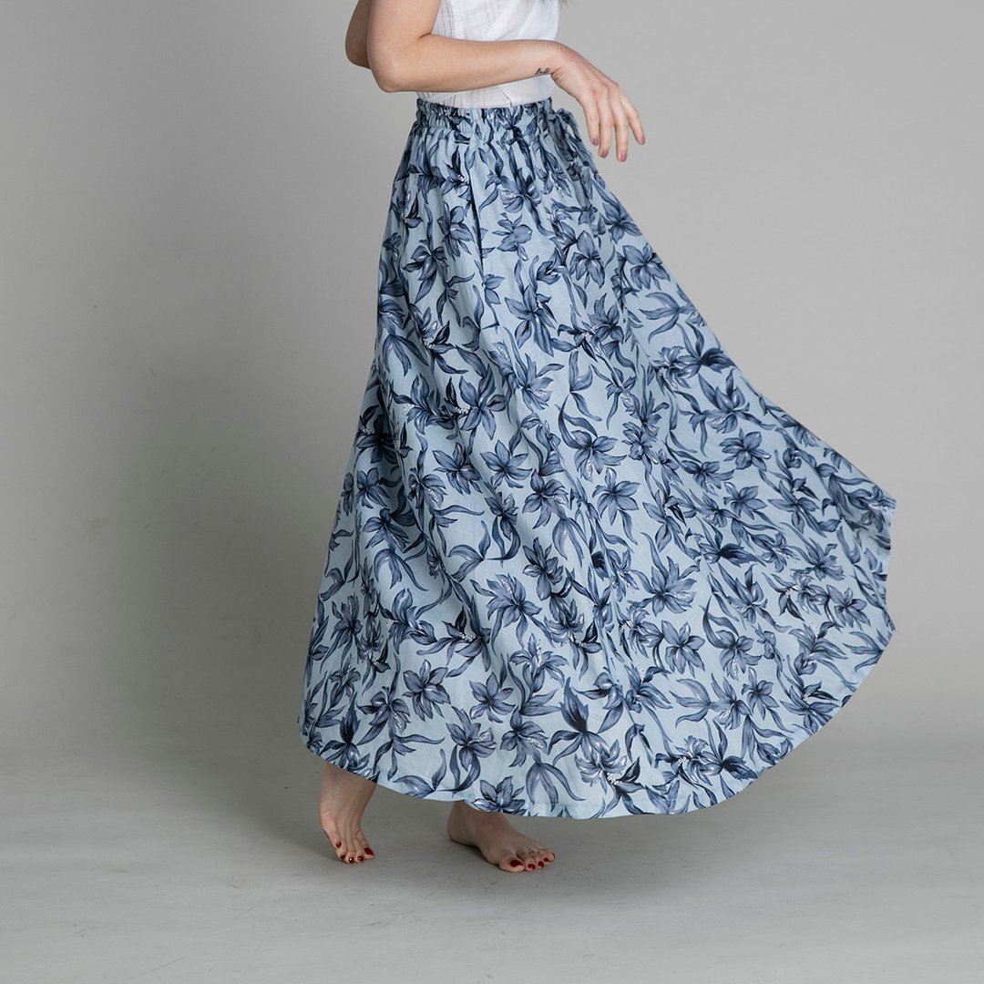 抽绳长裙 maxi skirt - 印花 - 裙子 - 棉 蓝色