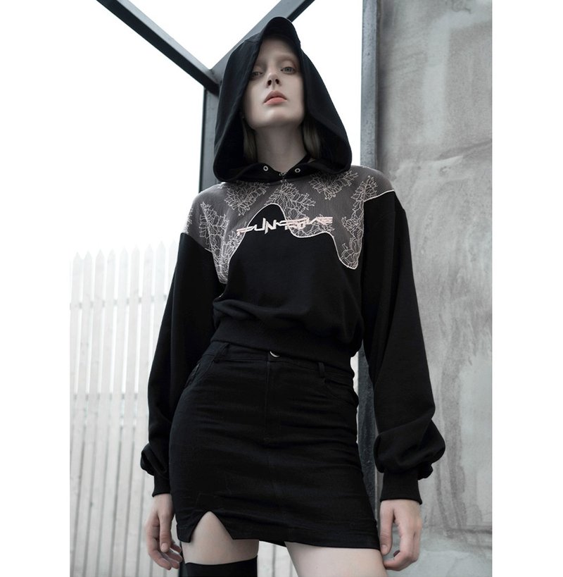 庞克水仙连帽短卫衣 - 女装上衣 - 其他材质 黑色