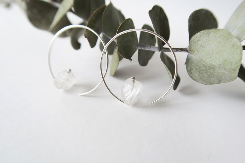 925纯银 天然石 原矿白水晶大C圈 耳针 或 耳夹 一对 - 耳环/耳夹 - 纯银 白色