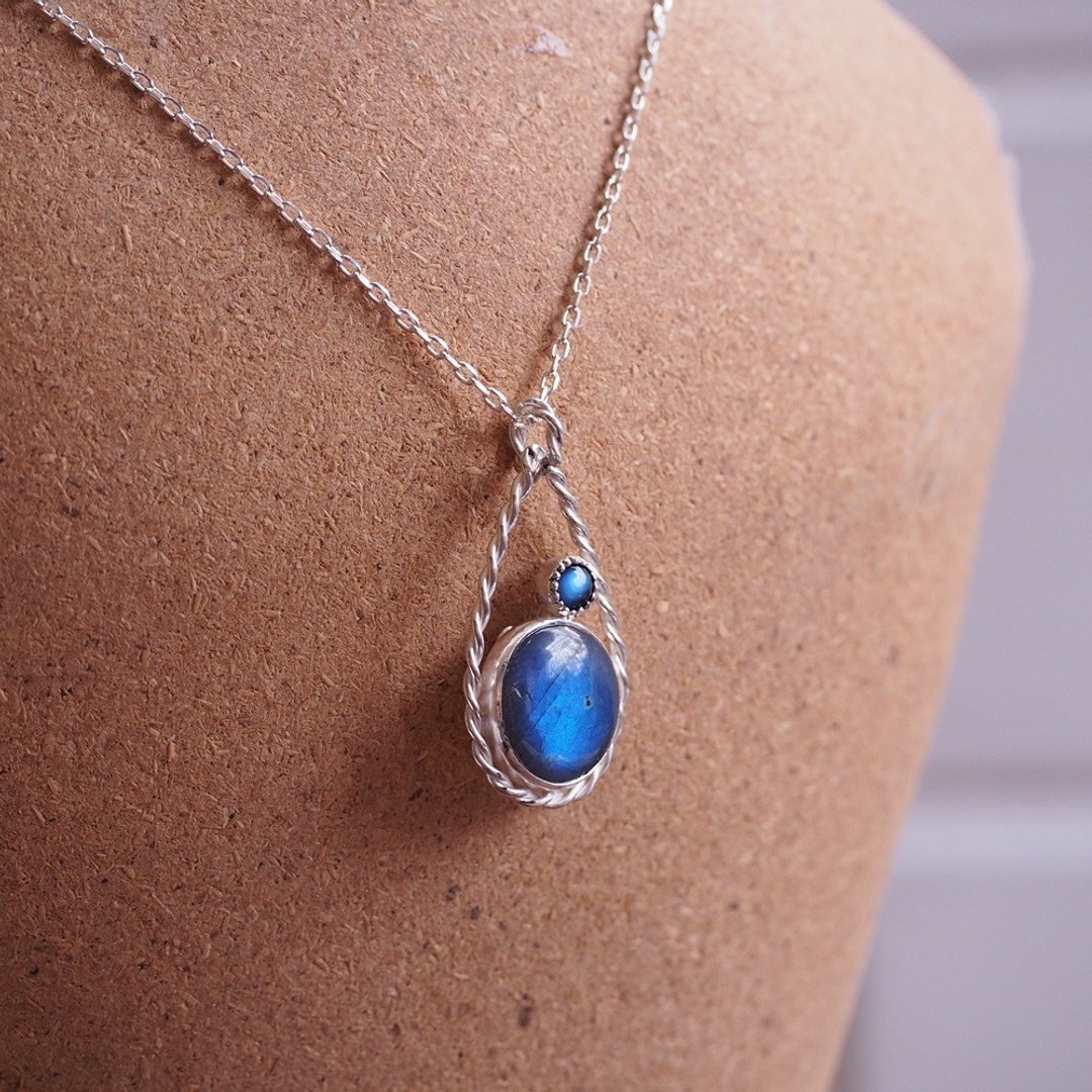 拉长石 月光石 圆形 大颗 蓝光 纯银 项链 Labradorite - 项链 - 半宝石 蓝色