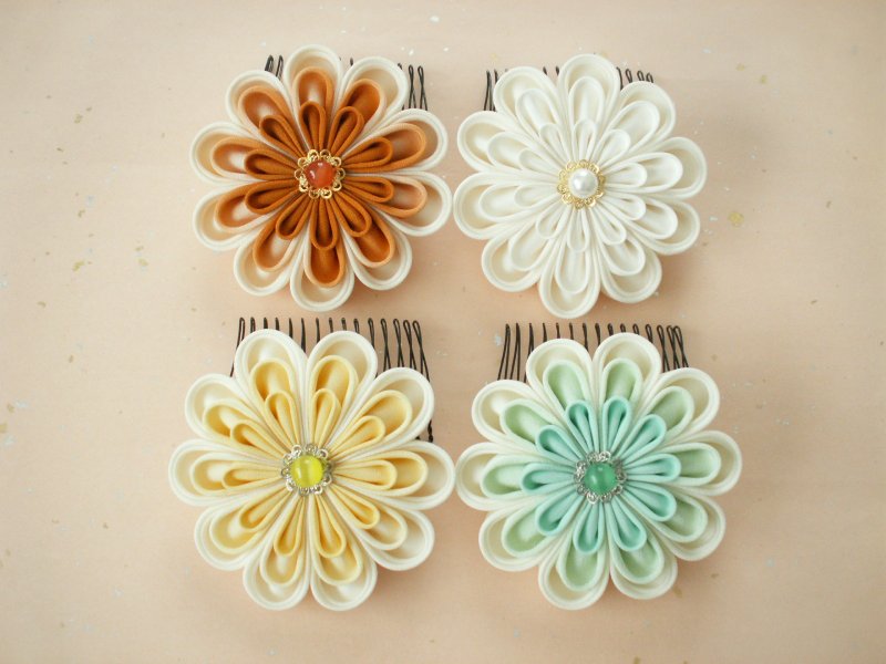 [New] Knob work Various combinations of hair ornaments made from old cloth and like Japanese sweets ♪ - 发饰 - 丝．绢 橘色