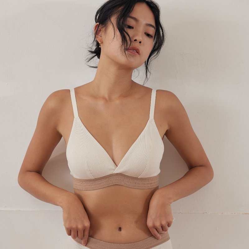 柔韧・美式深 V 拼色三角杯 | 无钢圈 棉质 薄垫 包覆集中内衣 - 女士内衣裤 - 棉．麻 白色