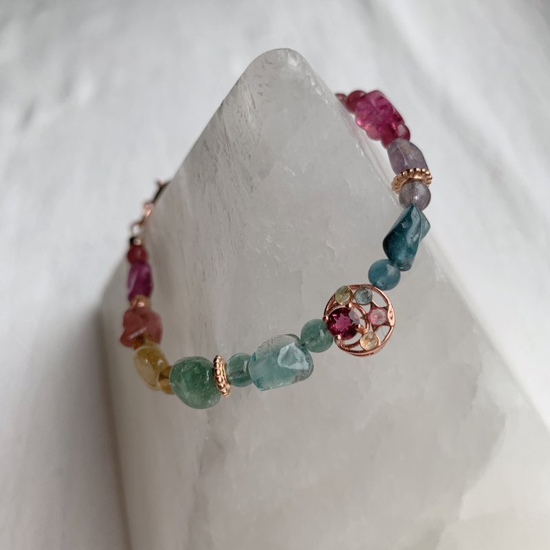 彩虹色系 碧玺原石 星月设计手链 天然水晶设计手链 电气石 - 手链/手环 - 半宝石 多色
