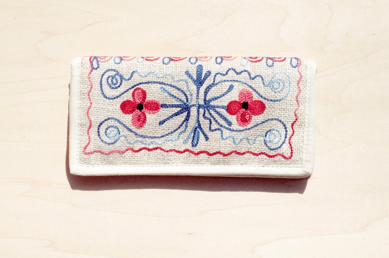 情人节 自然棉麻编织感皮夹 / 长皮夹 / 民族风零钱包 / 钱包 - 森林风花朵手工刺绣 - 皮夹/钱包 - 绣线 多色