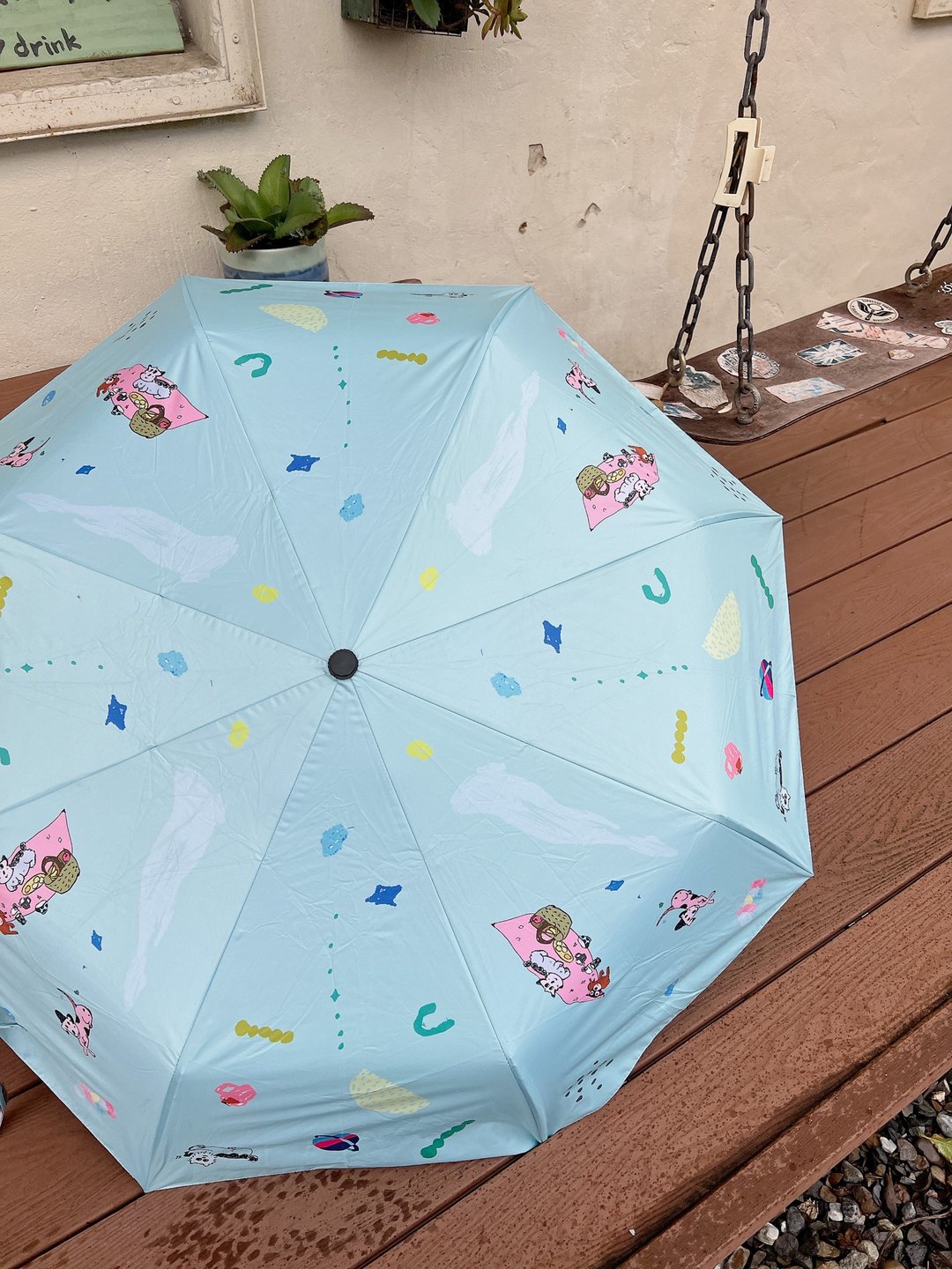 Yinke 印花野餐小狗浅蓝快干雨伞 自动伞 快速出货 防晒 - 雨伞/雨衣 - 棉．麻 多色