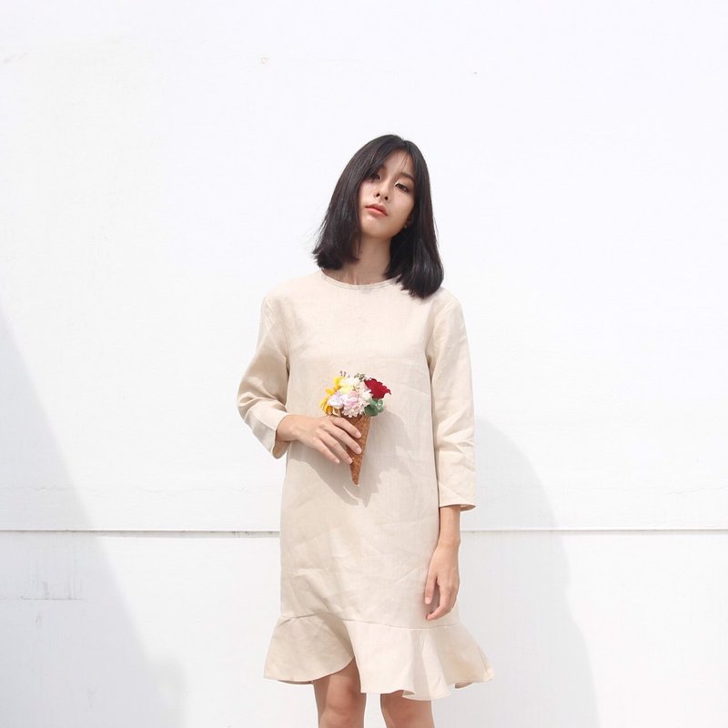 KIKI DRESS (vanilla) - 洋装/连衣裙 - 棉．麻 卡其色