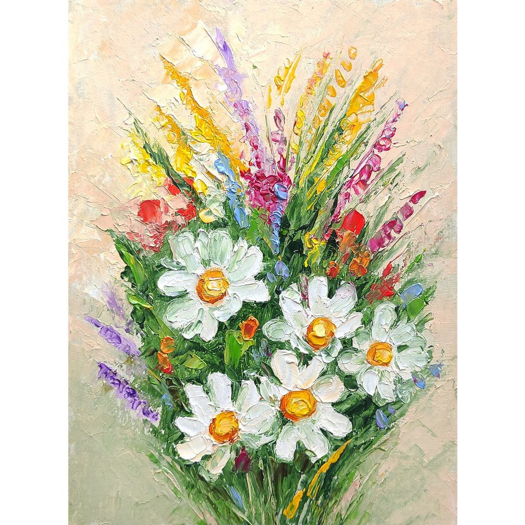 雏菊花束原创绘画，田野花卉壁画，小花卉艺术品 - 海报/装饰画/版画 - 其他材质 多色