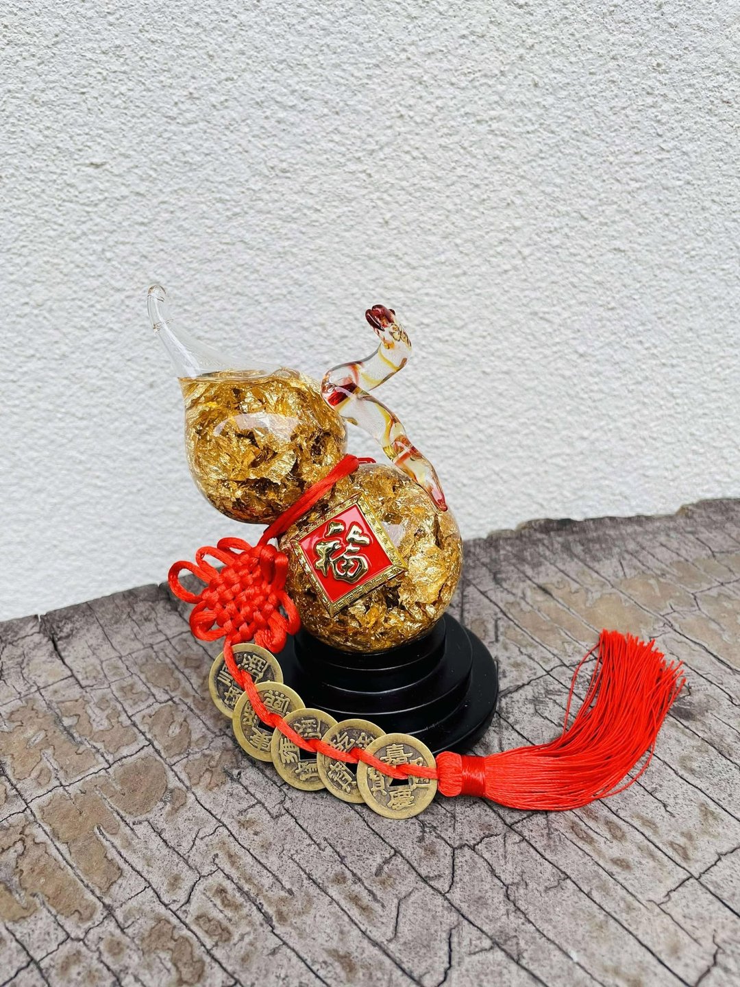 水晶玻璃 金箔葫芦 福禄 灵蛇送福 行路平安 金箔苹果 生肖蛇 - 摆饰 - 琉璃 