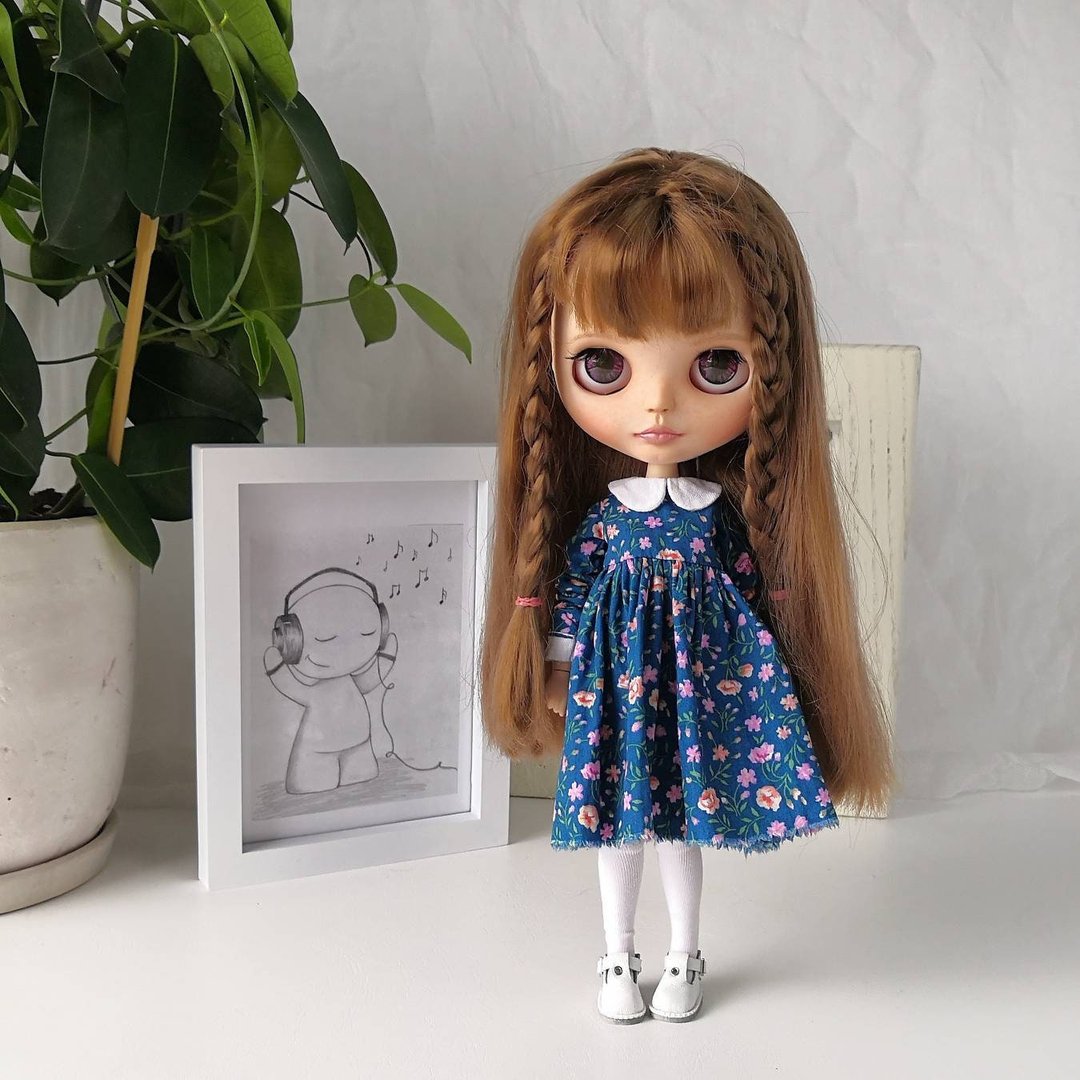 Dark blue floral dress for Blythe doll - 玩偶/公仔 - 棉 
