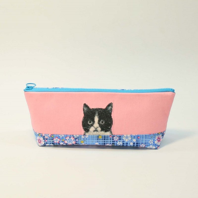 刺绣 笔袋12-黑白猫 - 铅笔盒/笔袋 - 棉．麻 粉红色