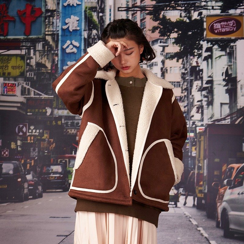 kitann ino 方领大口袋麂皮绒复合羊羔毛短外套 - 女装休闲/机能外套 - 聚酯纤维 咖啡色