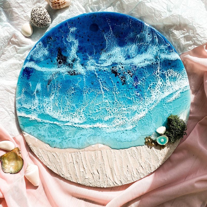 wall picture wood epoxy resin sea handmade abstraction home decor gift - 墙贴/壁贴 - 木头 蓝色