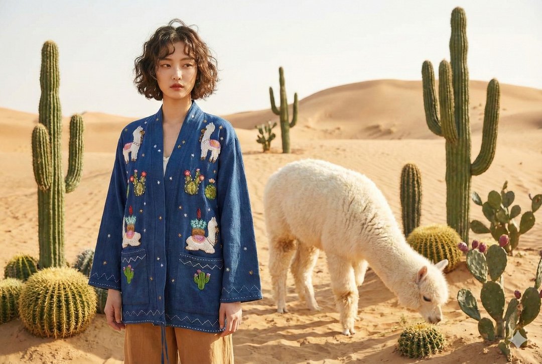 外套，手工刺绣，棉质，羊驼与仙人掌图案。 - 女装休闲/机能外套 - 绣线 蓝色