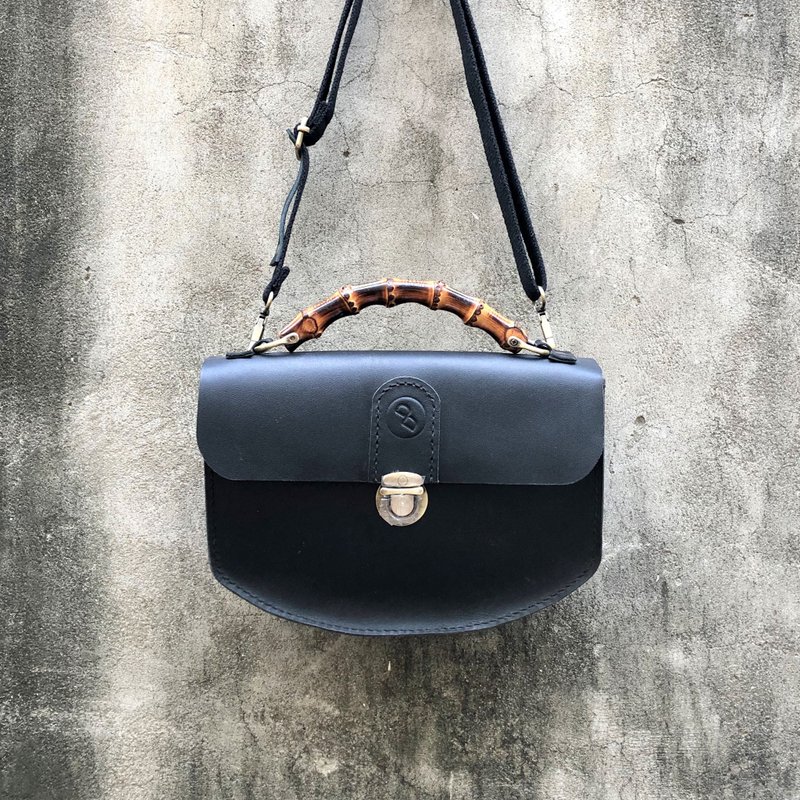 真皮手工竹节马鞍包-优雅黑(情人节 生日 圣诞节 母亲节 体验课) - 侧背包/斜挎包 - 真皮 黑色