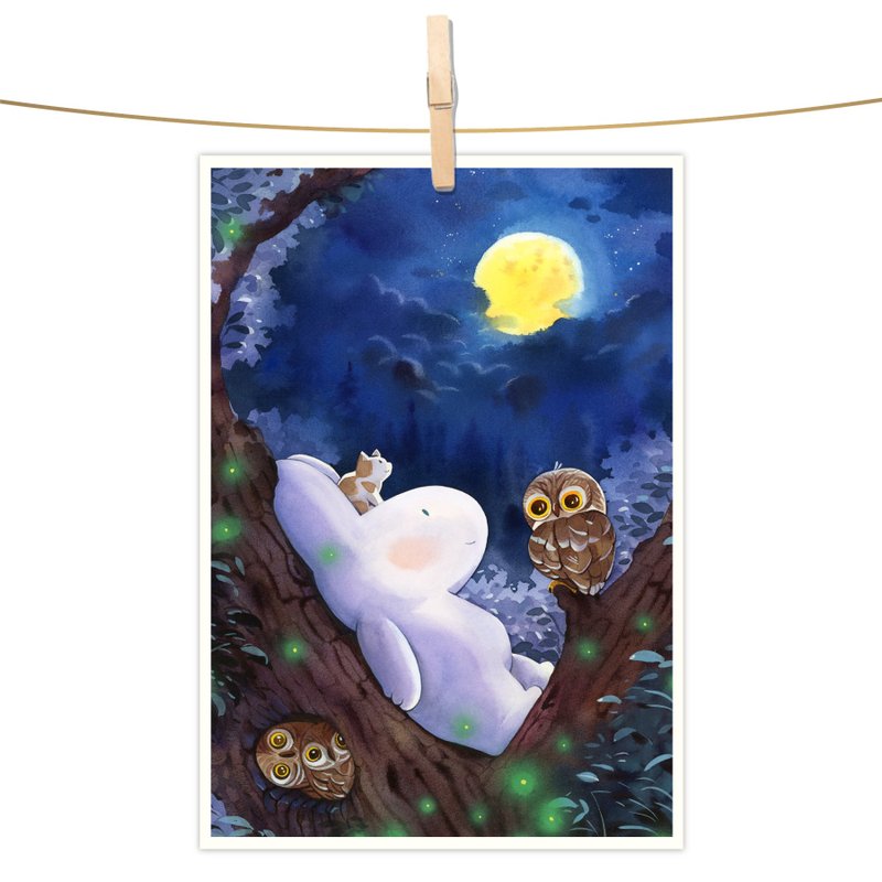 afu水彩插画明信片 - 月夜猫头鹰 - 卡片/明信片 - 纸 蓝色
