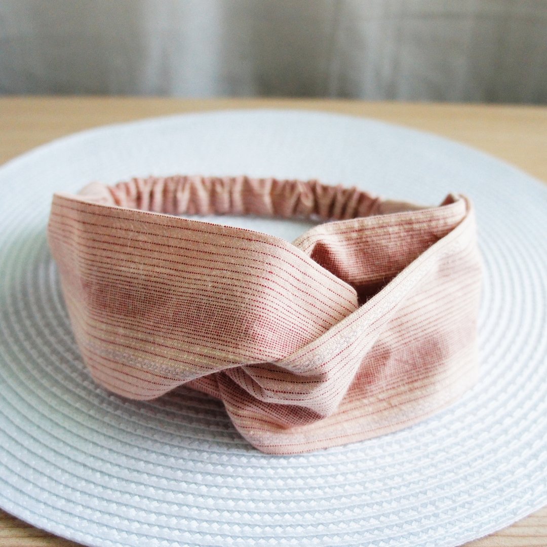 Lovely【日本先染布】渐层条纹蝴蝶松紧发带、发圈【灰粉橘】E - 发饰 - 棉 橘色