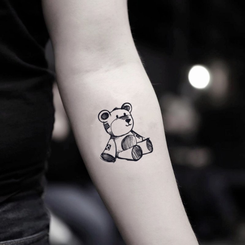 OhMyTat 泰迪熊 Teddy Bear 刺青图案纹身贴纸 (2 张) - 纹身贴 - 纸 黑色
