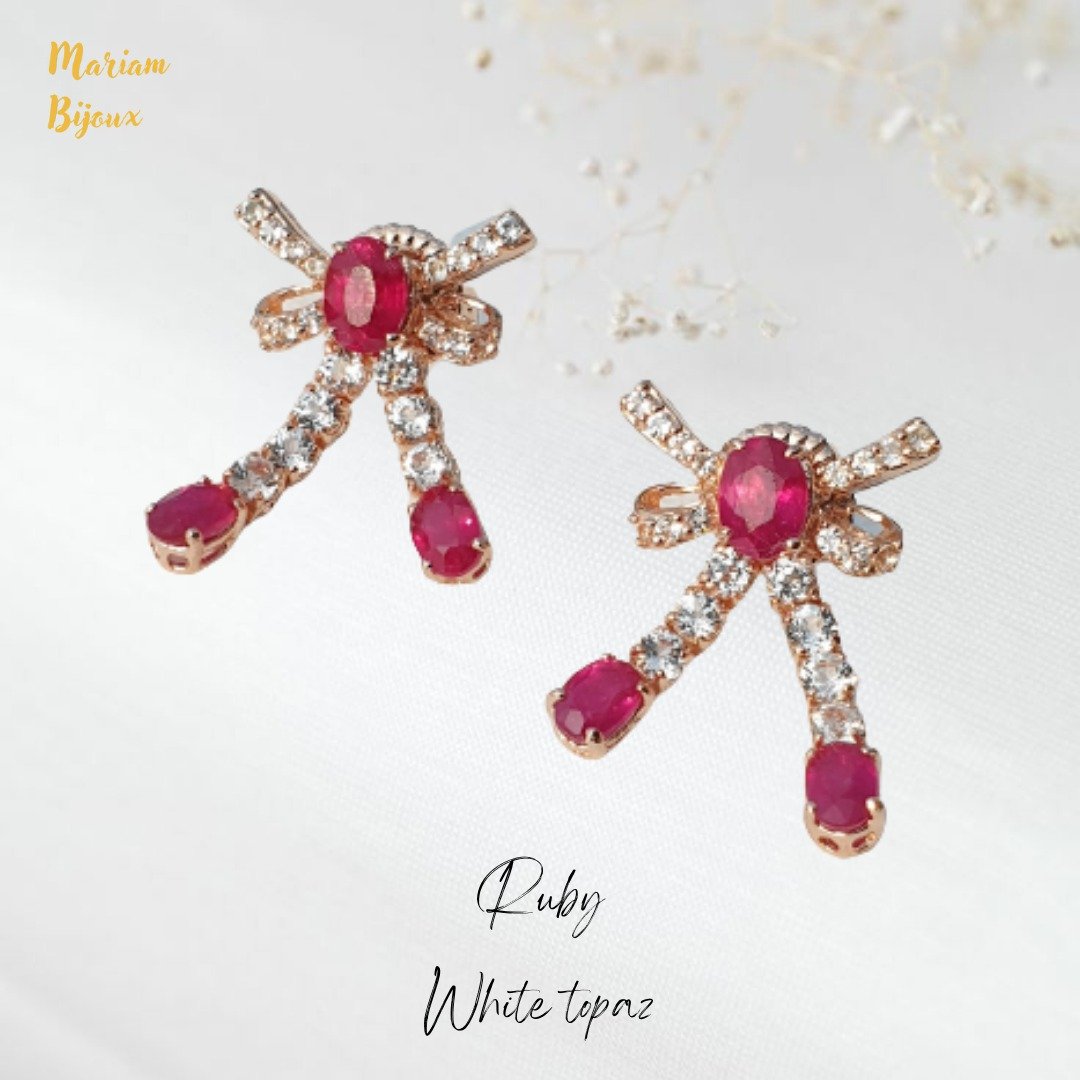 Ruby earrings, white topaz, bow earrings, silver 925 - 耳环/耳夹 - 宝石 红色
