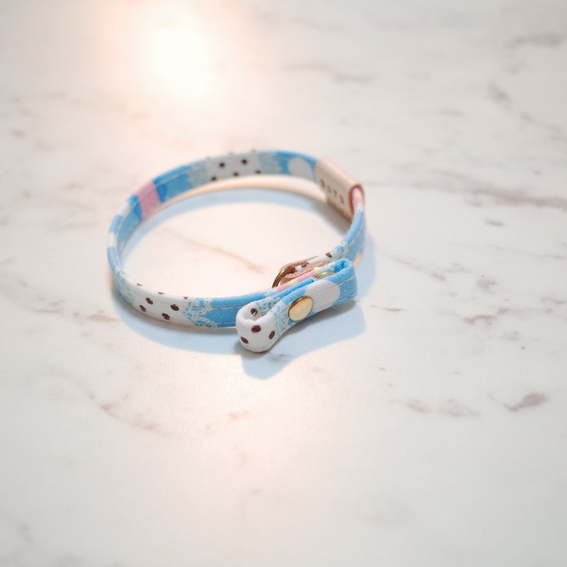 猫 小啾啾项圈 水蓝 梦幻冰淇淋 点点 附扭转皮套 - 项圈/牵绳 - 棉．麻 