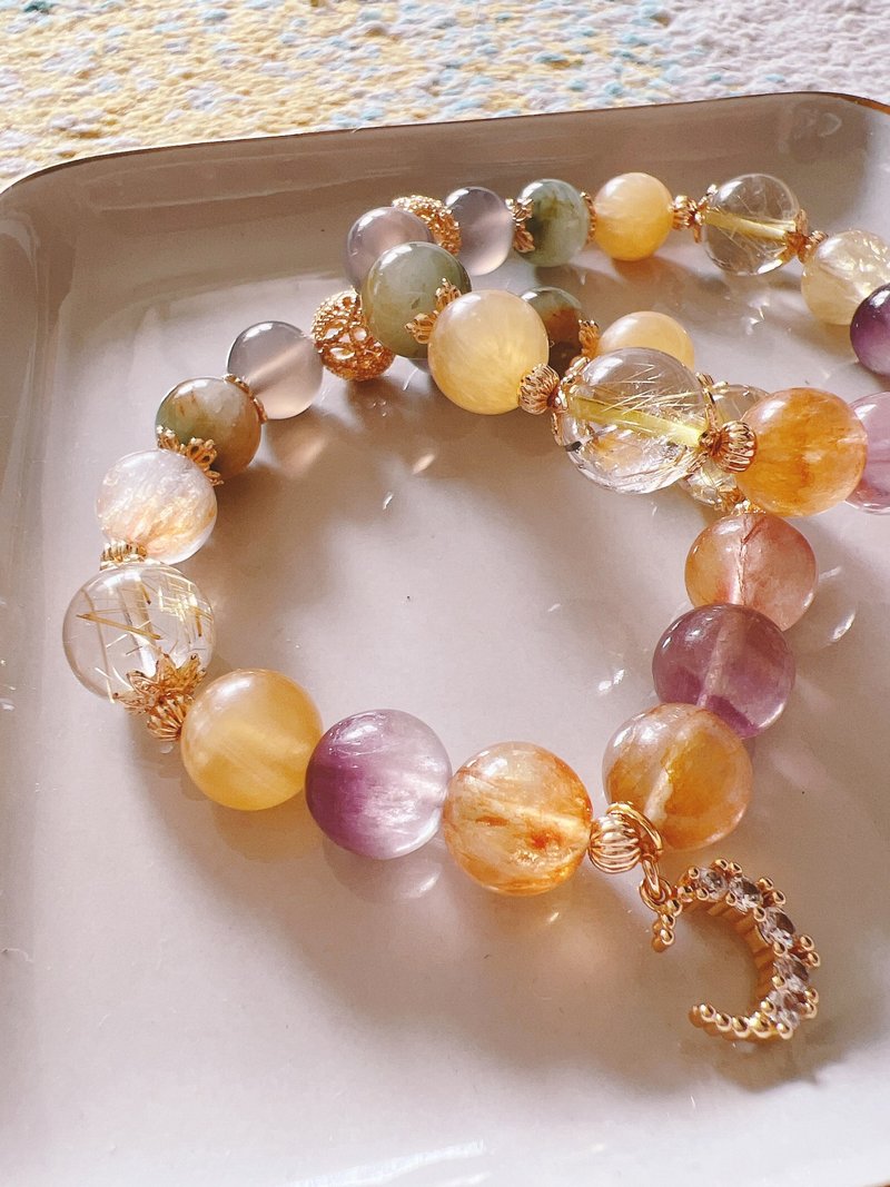 夕雾-ID-419-334-胶花萤石.金发晶.黄金方解石.蓝兔毛.灰玛瑙 - 手链/手环 - 半宝石 