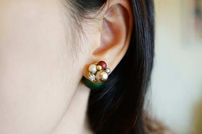 蒙布朗 - 水晶珍珠耳环 (医疗级抗敏钢针 / 耳夹) - 耳环/耳夹 - 其他材质 绿色