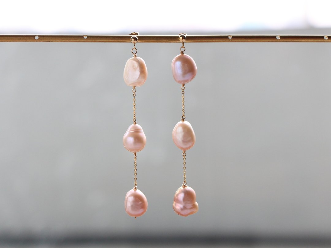 14kgf-baroque pear/purple pink color pierced earrings - 耳环/耳夹 - 其他金属 粉红色