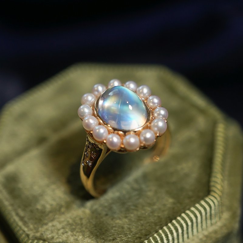 【月梦】CJ Design 原创月光石梦幻戒指女 - 戒指 - 宝石 金色