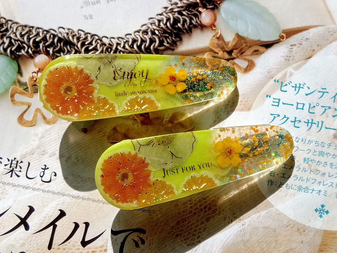 手作押花发夹 |日系真花发夹| 苹果绿发夹 - 发饰 - 其他材质 绿色
