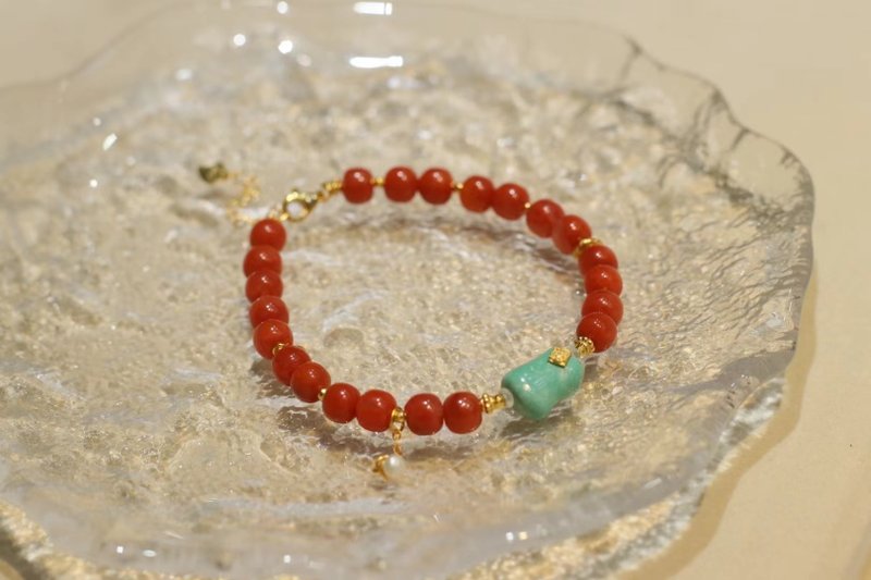 原创天然南红老型珠手链搭配原矿绿松石随行无相珠  国风新中式 - 手链/手环 - 水晶 