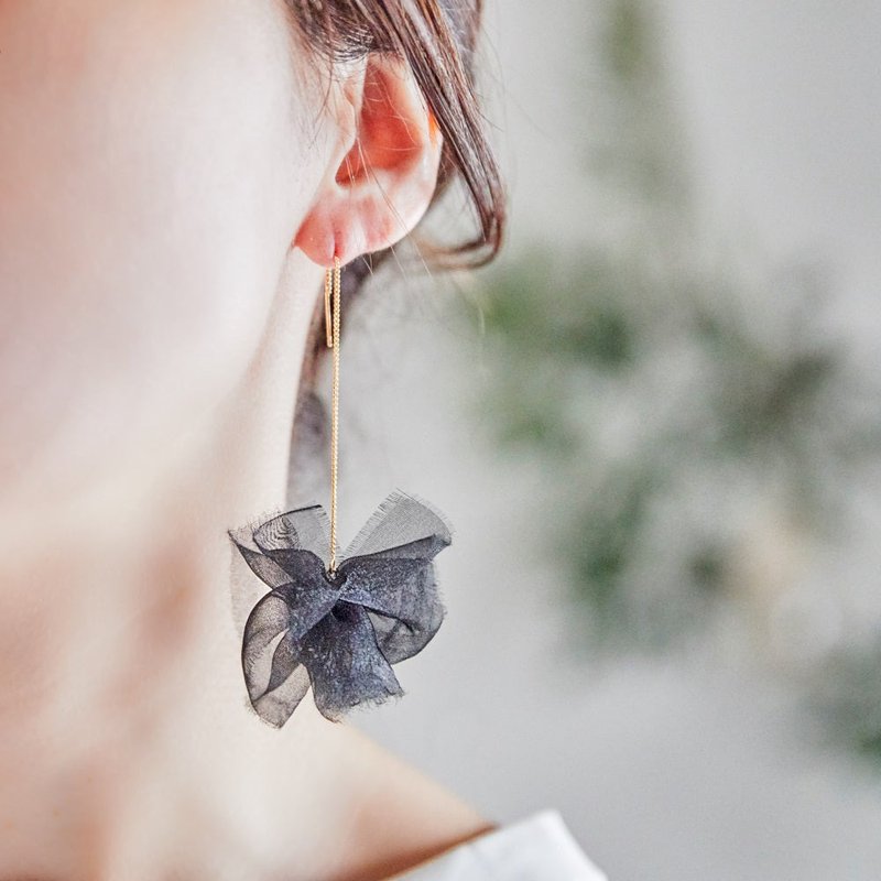 黑色系列 | 绽放织花蓬蓬褶边垂坠式耳环 - 耳环/耳夹 - 其他材质 黑色