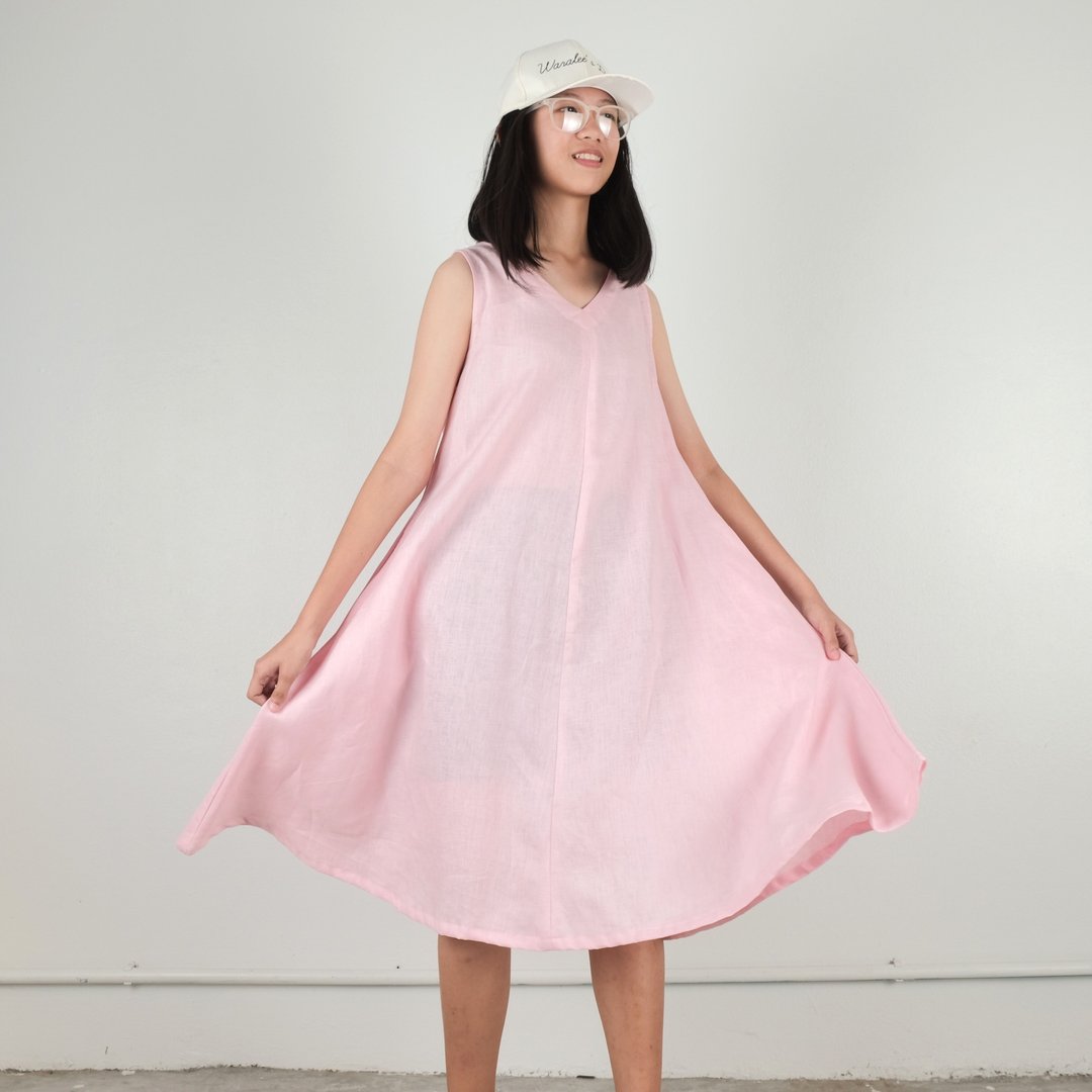 A-dress Linen Fabric (Pink) for Valentine's Day - 洋装/连衣裙 - 棉 粉红色