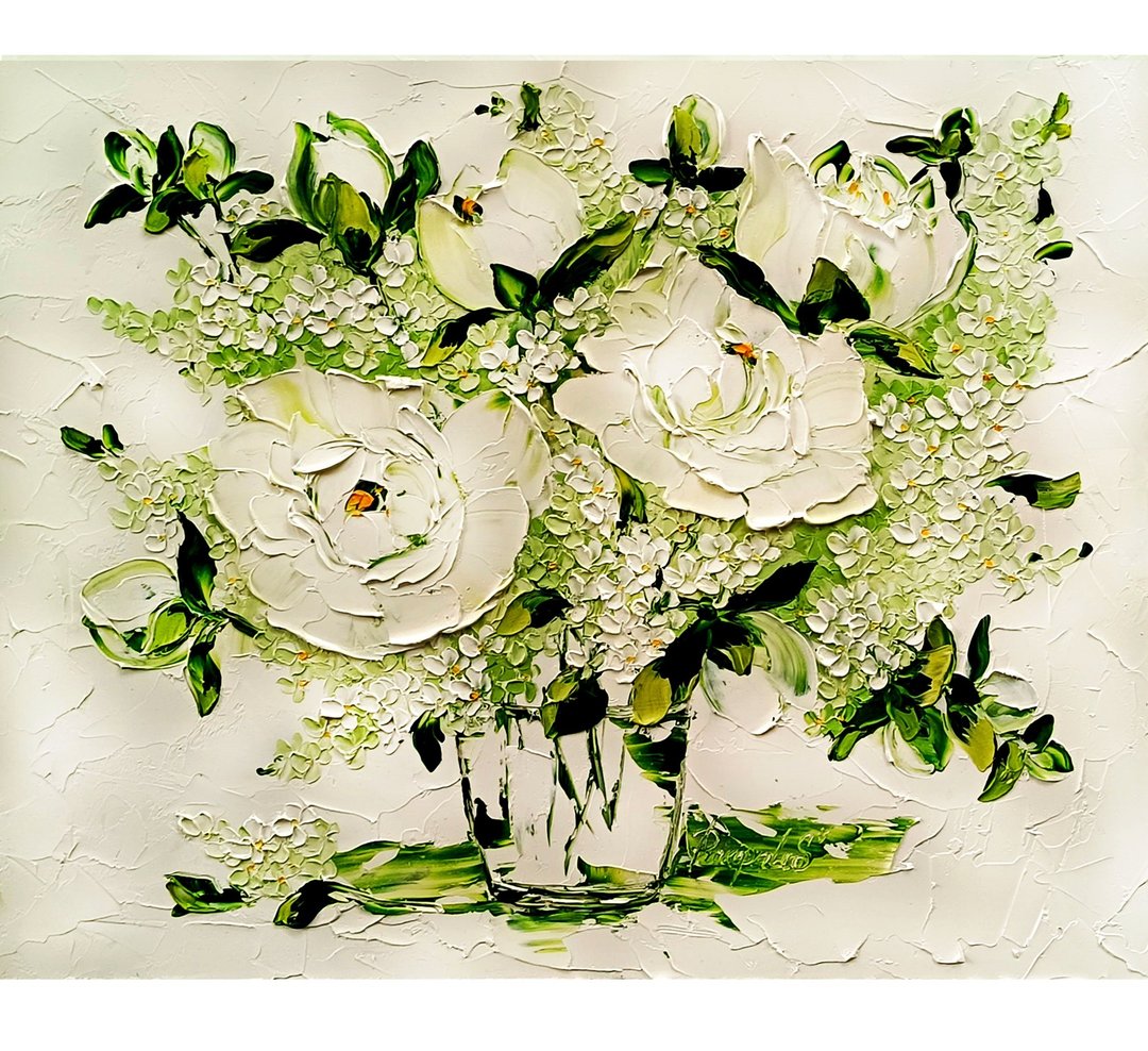 紫丁香油画原创艺术品厚涂花卉艺术紫丁香花 16 x 20 - 墙贴/壁贴 - 其他材质 白色