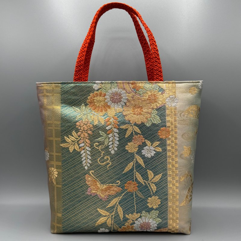 和服带 obijime 手袋重制蓝金色 - 手提包/手提袋 - 丝．绢 蓝色
