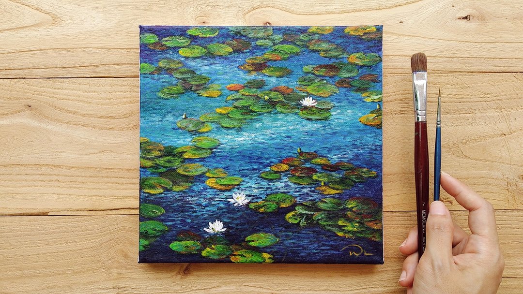 【睡莲】丙烯风景画原作 | 夏日莲池花园景色 | 客厅书房写意挂画 - 海报/装饰画/版画 - 棉 